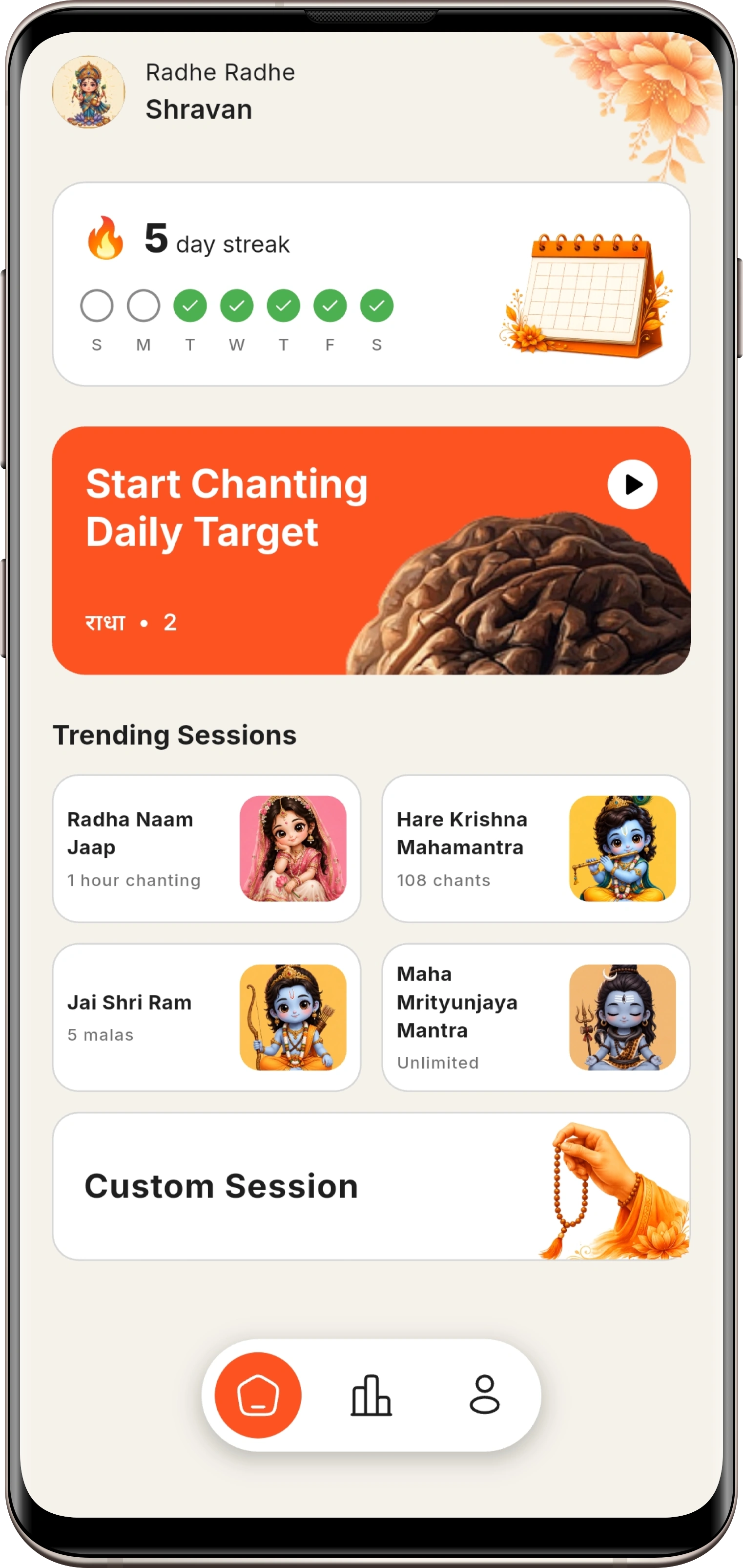 Divya Marg smartphone app interface showcasing daily 5-day Naam Jaap chanting streak counter, active mala sessions, and devotional target tracking